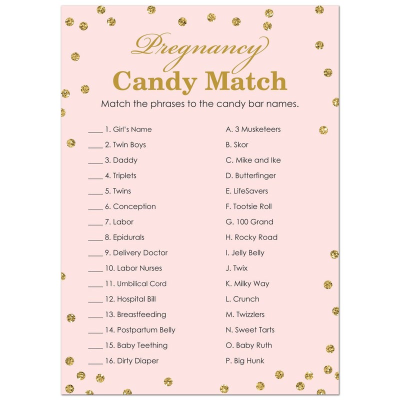 MyExpression.com Sweet Pregnancy Candy Match Baby Shower Game - 24 Count - (Faux Gold Glitter on Pink) - Image 1